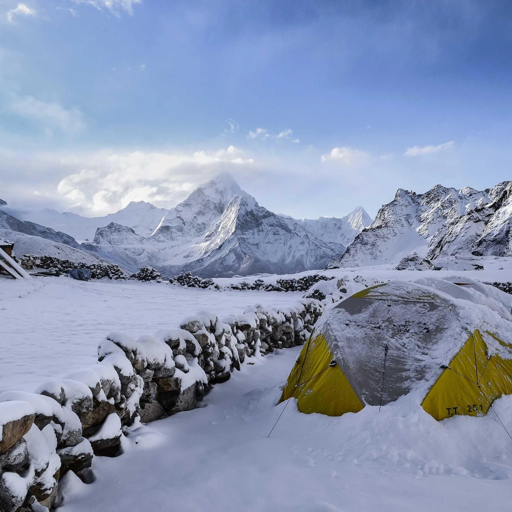 Montagnes enneigées et murets de pierre sous la neige